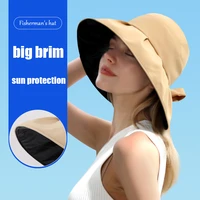 summer fashion sunscreen fisherman hat ladies trend black glue coating uv protection foldable large brim outdoor hiking sun hat