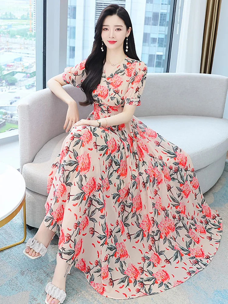 

2022 Women Summer Chiffon Maxi Dress V-Neck Beach Casual Boho Pink Clothing Elegant Party Midi Bodycon Puff Sleeve Prom Dresses