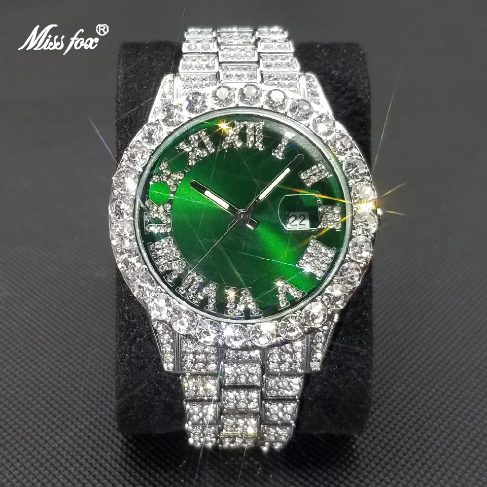 

MISSFOX Ice Out Men Watches Top Brand Luxury Full Diamond Quartz Wristwatch Fashion Hip Hop Luminous Waterproof Green Clock Gift