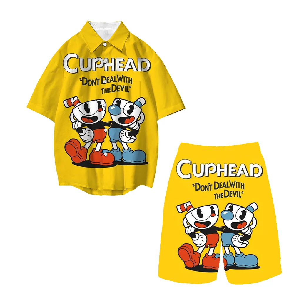 

Cuphead Game Casual Loose Shirt Tops Boys Girls Kids Short Pants Suits Men Women Lapel Short Sleeve Shirts Set