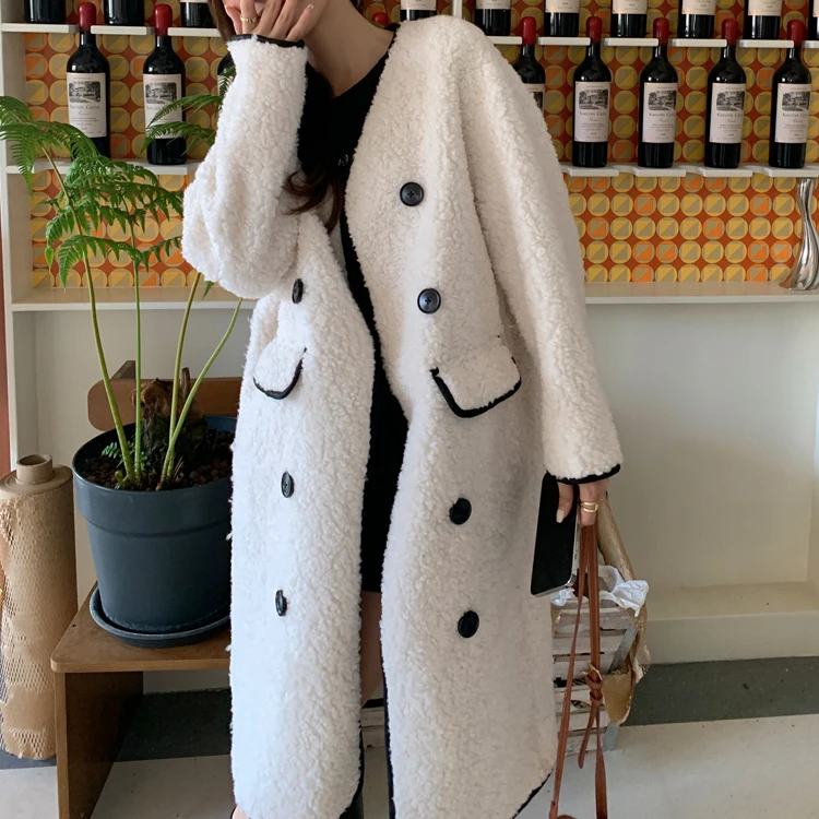 

2022 Women Autumn Winter New Korean Real Lamb Fur Jackets Female Long Double Breasted Coats Ladies Sheep Shearing Outerwear F20
