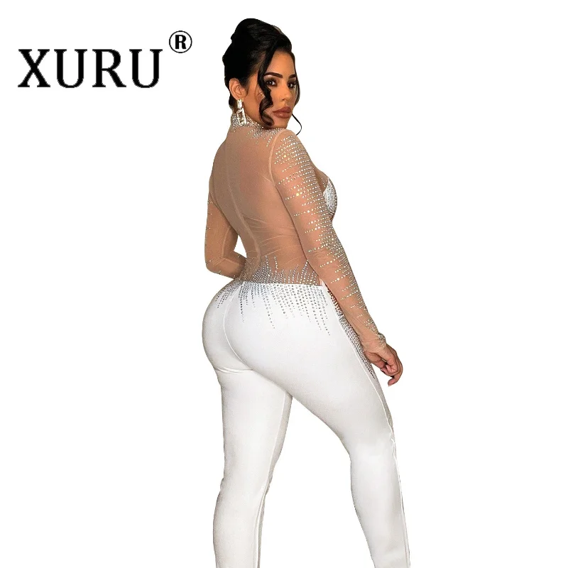 XURU-new Mesh Hot Diamond Women's One-piece Trousers, Sexy Party Nightclub Solid Color Long-sleeved One-piece Trousers