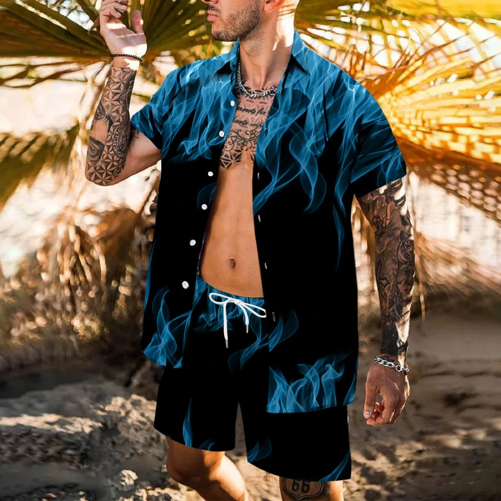 

2022 Men's Shirts 3D Printing Flame Short Sleeve Casual Shirts Beach Shorts Summer Casual Streetwear Harajuku Suits