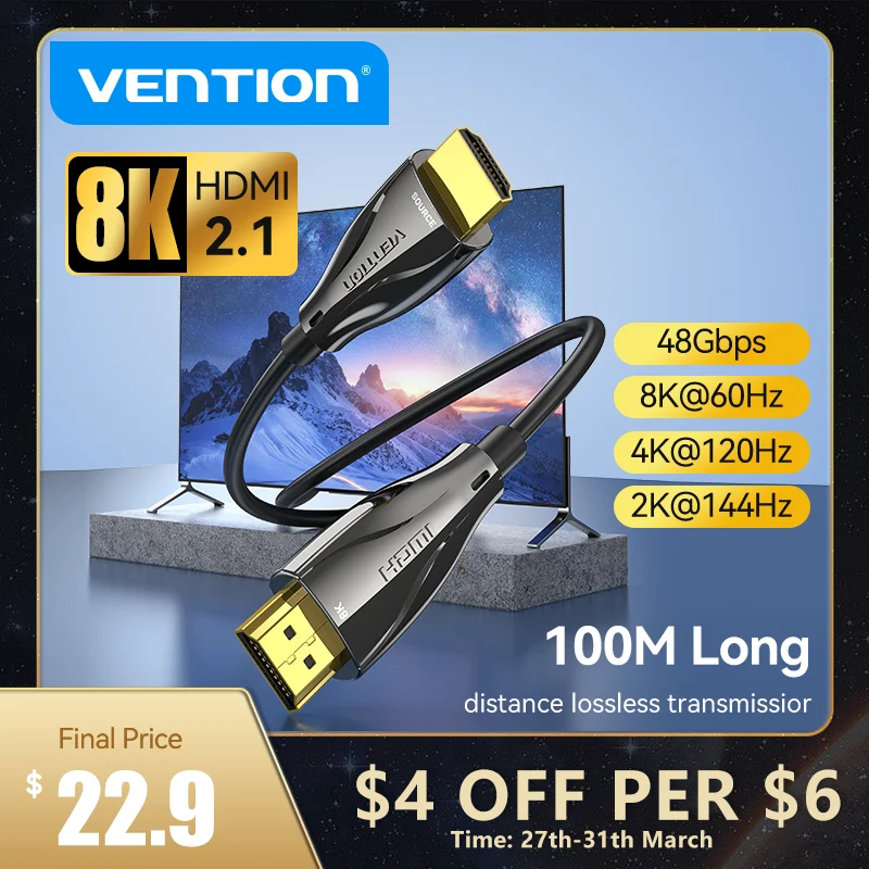 Vention 8K Fiber Optic HDMI Cable 48Gbps HDMI 2.1 Cable 8K@60Hz HDR eARC HDMI Cord Compatible with RTX 3090 LG Samsung Sony TV