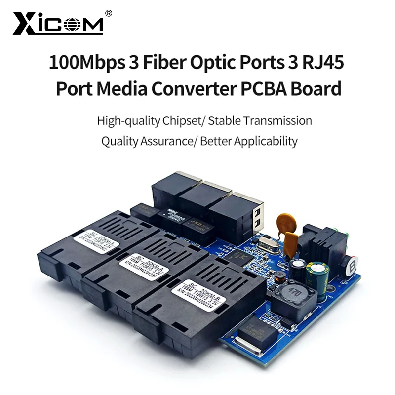 placa metro switch Ethernet fibra 100M PCBA Board Optic Media Converter 20km 3 Fiber 3 RJ45 Singlemode Simplex SC Fiber Switch