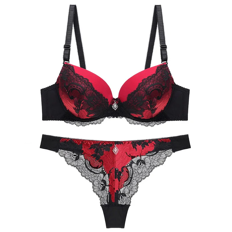 

Sexy Lace Thong Bra Set Embroidery Perspective Top Thin Bottom Thick Underwear Set 2 Piece Lingerie Set Plus Size Bra Set
