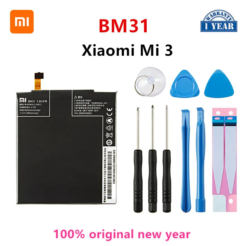 

Xiao mi 100% Orginal BM31 3050mAh Battery For Xiaomi Mi 3 Mi3 M3 BM31 High Quality Phone Replacement Batteries +Tools