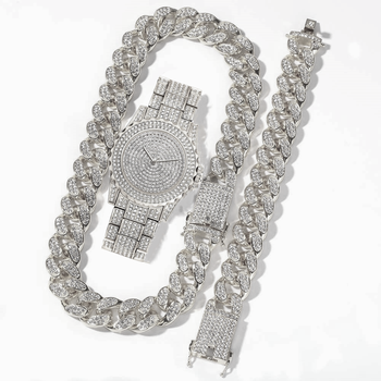 3PCS Mens Women Watches Jewelry Set Iced Out Watch Necklace Bracelet Bling Bling Diamond Miama Cuban Link Chain Choker Men Watch-36876
