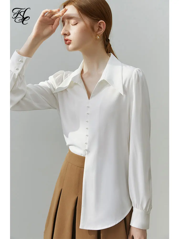 

FSLE Western Style White Long-sleeved Shirt Women Design Sense Niche French Gentle Shirt Fashion Office Lady Commuter Female Top