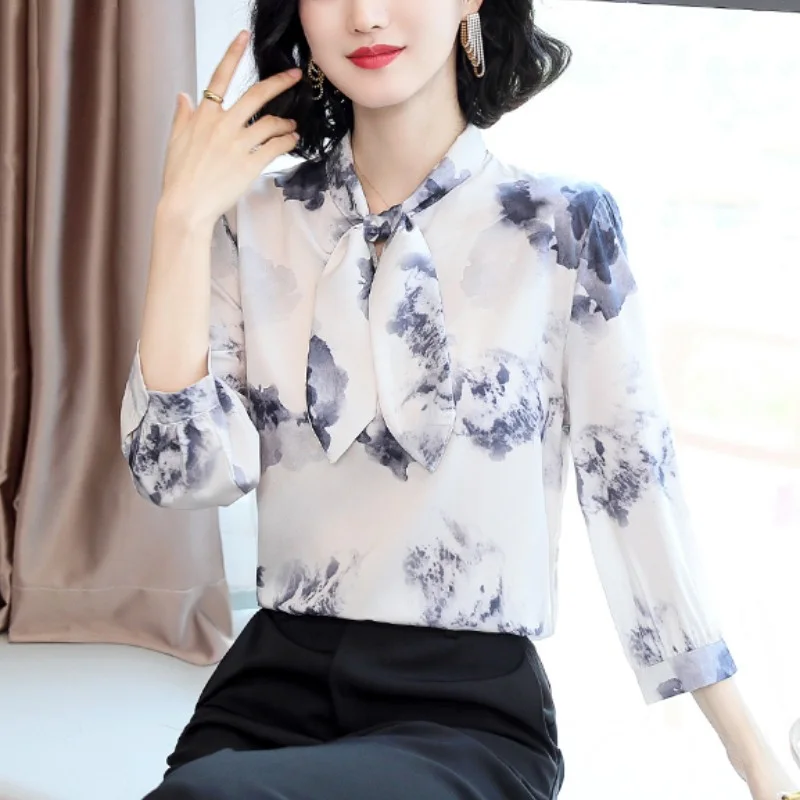 Vintage Printed Spliced Lace Up Chiffon Blouse Women's Clothing 2023 Spring New Oversized Casual Pullovers Office Lady Shirt