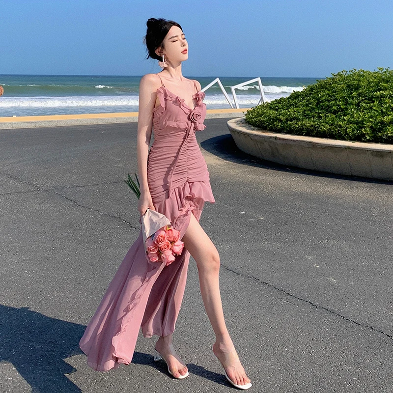 

New Elegant Women Ruffle Backless Dance Dress 2023 Summer Long Luxury Designer Slim Pink Vacation Slip Evening Fairycore Chiffon