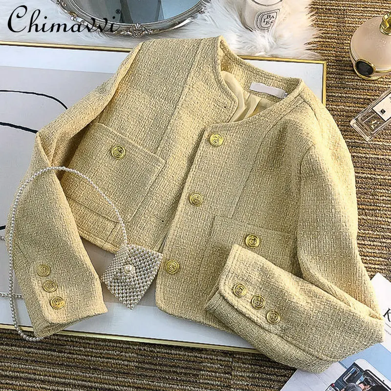

Retro Gold Buckle Tweed Short Coat for Women 2022 Autumn High-End Fashion Round Neck Long Sleeve All-Matching Graceful Jacket