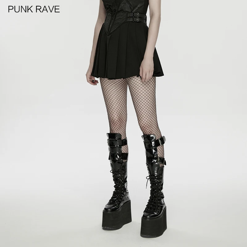 Фото Женская плиссированная юбка PUNK RAVE в стиле киберпанк из высококачественного шифона с боковыми пряжками на талии, стильная черная мини-юбка WQ-936B №3