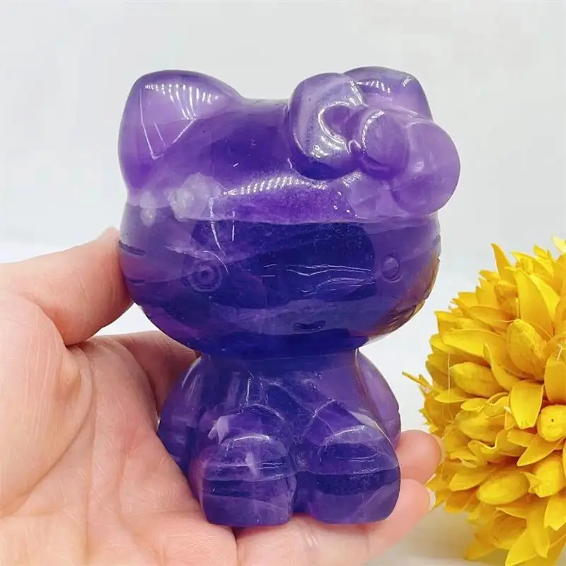 

9.5cm Natural Purple Fluorite Crystal Cartoon KT Cat Carving Animal Statue Healing Gemstone Crafts Children Birthday Gift 1PCS