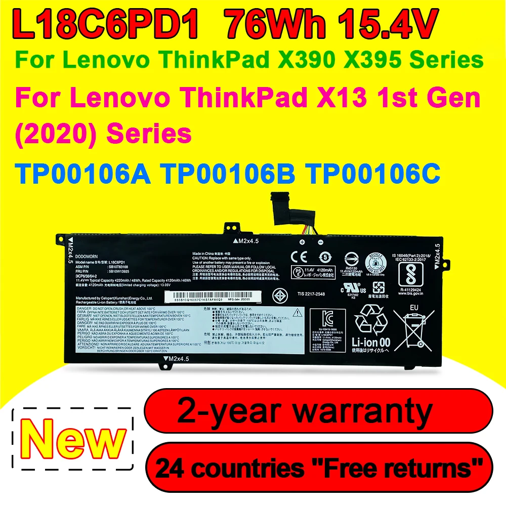 

Новый аккумулятор L18C6PD1 для ноутбука Lenovo ThinkPad X390 X395 X13 1-го поколения L18L6PD1 02DL017 SB10K97655 02DL018 48 Вт/ч