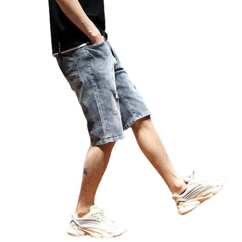 22ss Street Fashion Men's Denim Shorts Thin Men's Casual Five Points Straight Jeans Stretch Ripped Jeans