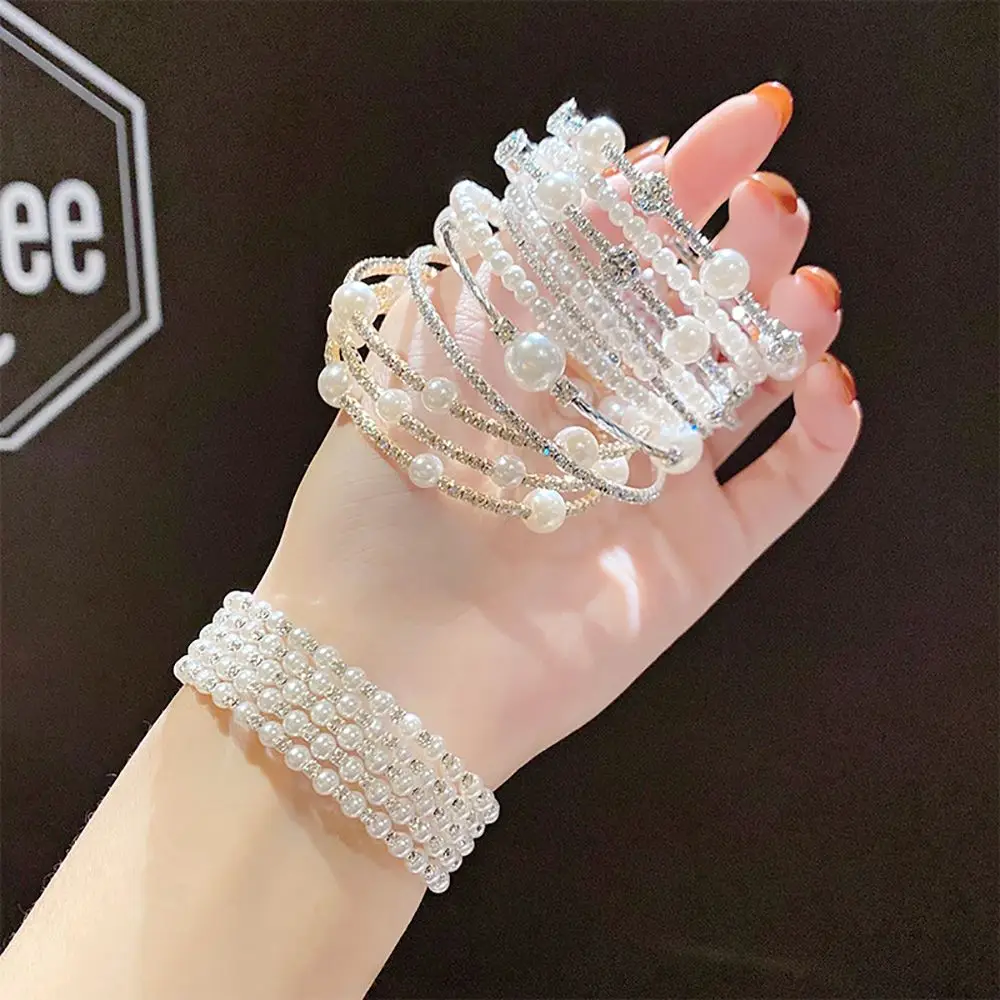 

Sweet Simple Rhinestone Korean Multi-layer Cross Alloy Pearl Wristband Women Bracelet Hand Chain Fashion Jewelry