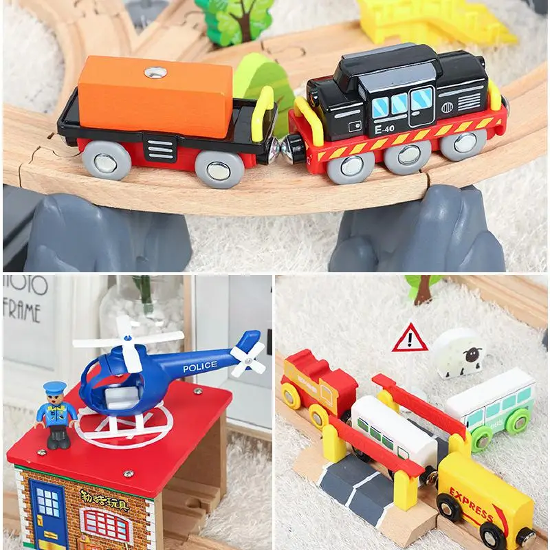 

Wooden Train Track Set Kids Railway Puzzle Slot Rail Transit Toys Wood Electric Train Parking For Cars Garage Toys For Children