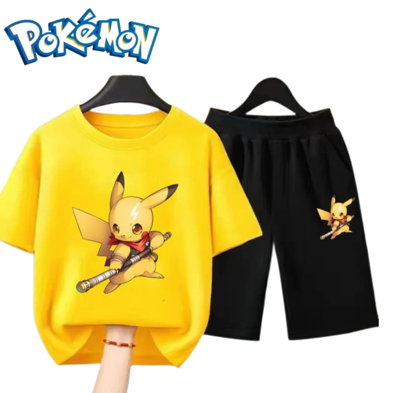 

Pokemon Pikachu cute cartoon boy short-sleeved sports summer big children's five-point pants printed breathable two-piece suit
