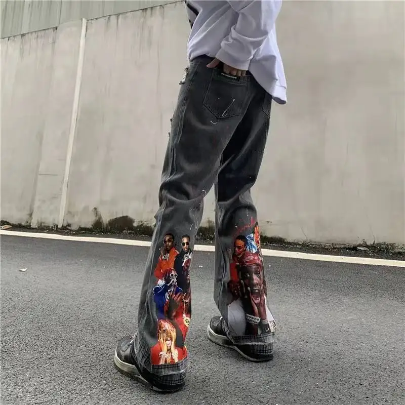 

Hip Hop Distressed Colorful Letter Hole Painted Flare Pants Mens Singers Print Washed Retro Vibe Syle Denim Trousers Loose Jeans