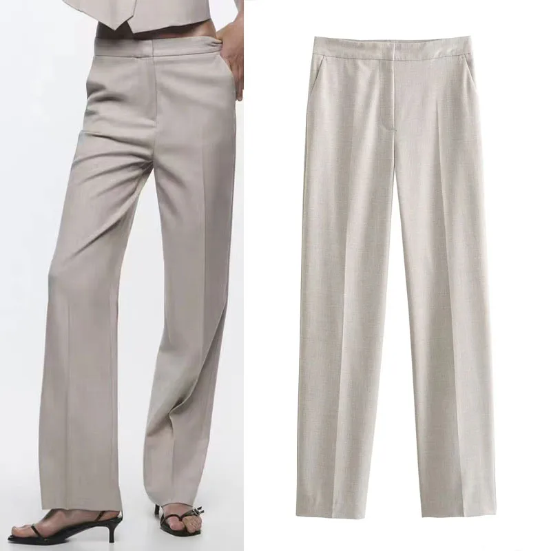 

TRAF 2023 Woman Straight Leg Pants Vintage Gray Pocket Commute Trousers Korean High Waist Elegant Woman's Pants Autumn Pant Sets
