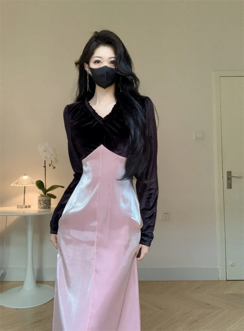 

Элегантное и элегантное бархатное лоскутное платье GBB5013 с длинными рукавами ранней осени 2023, новая французская шикарная юбка до пояса