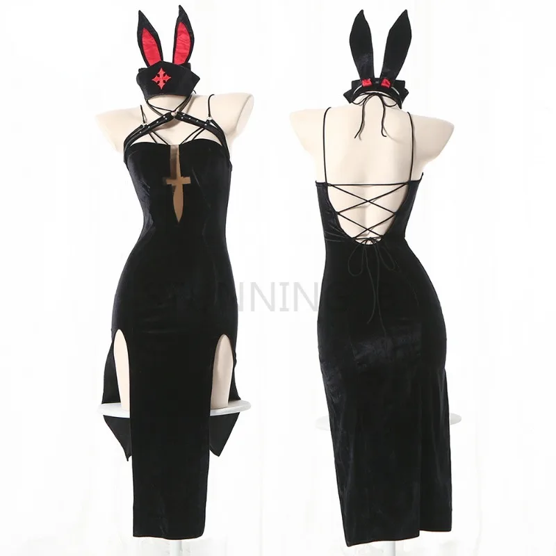

Women Sexy Lingerie Nun Uniform Cosplay Role Play Costumes Halloween Stage Outfit High Neck Flare Sleeve Dress with Headscarf