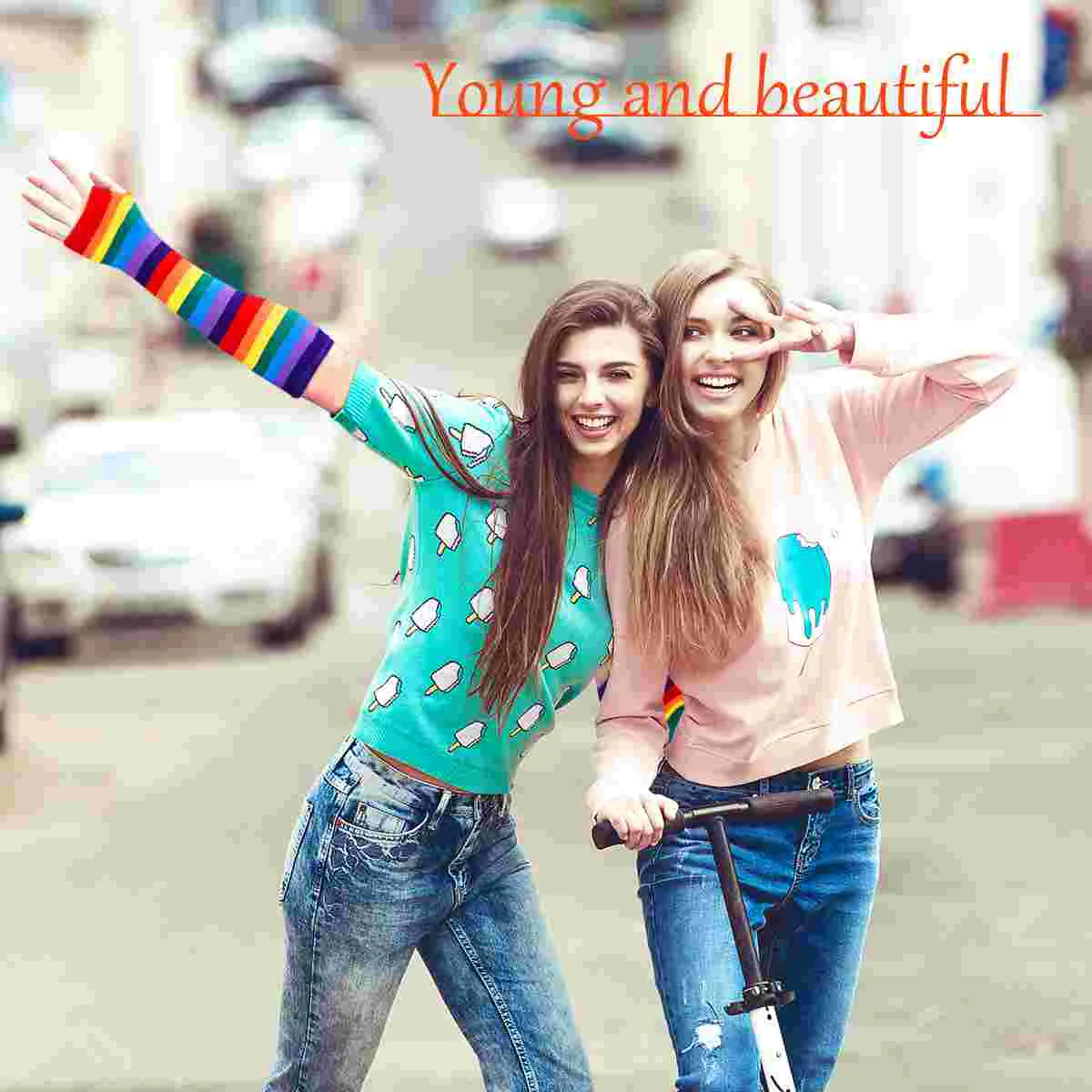 Tinksky 1 пара теплые красочные перчатки без пальцев в радужную полоску с рукавами