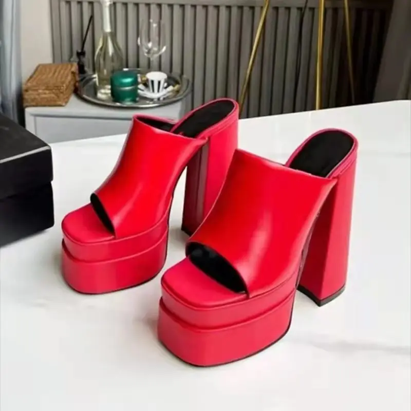 

High Quality Super High Heel Pumps Double Platform Square Toe Sandals PU Leather Party Summer Female Pumps 2022 Fashion Shoes 43
