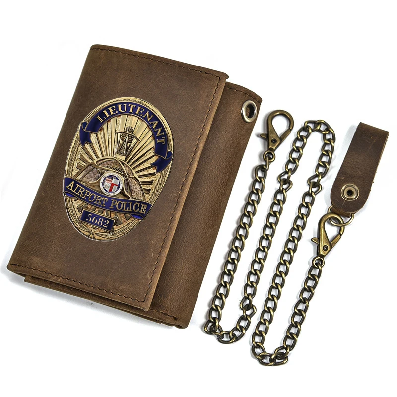 High Quality Men Genuine Leather Wallet Anti Theft Hasp With Iron Chain Airport Lieutenant Cover Card Holder Rfid Short Purse