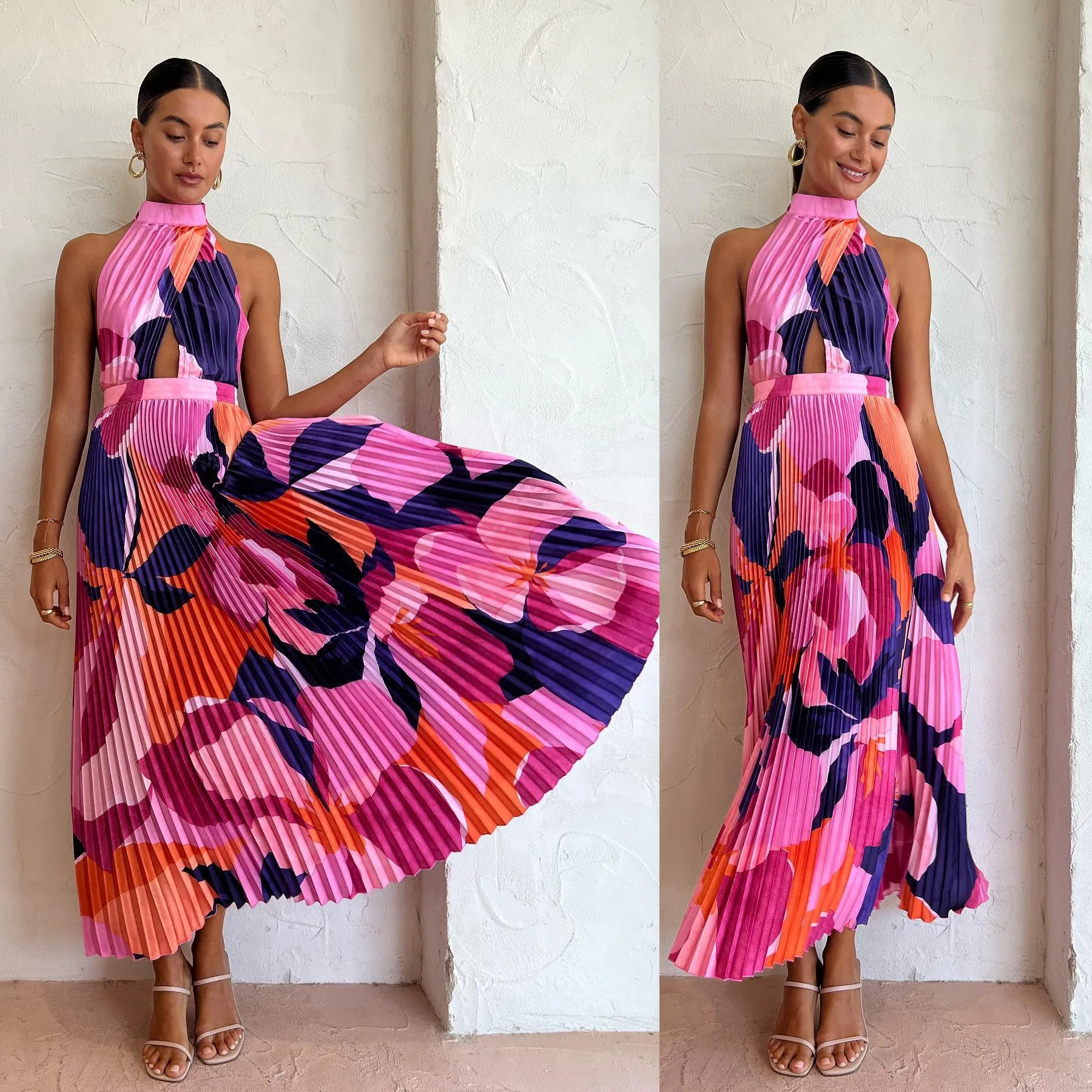 

2023 New Print Pleated Dress Women Sexy Backless Sleeveless Ruched A-line Dresses Fashion Evening Robe
