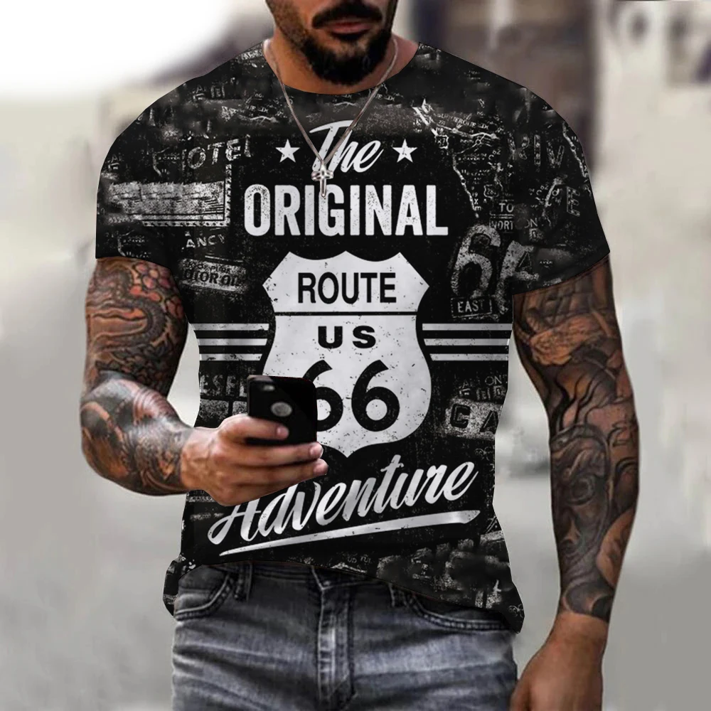 

New USA Fashion Summer Vintage Street Style America Route 66 Letters Printed Tshirt Clothes Crew Neck Men Oversized T-shirt