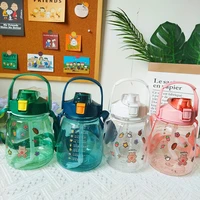 1 3l portable drinking water bottle with stickers straw summer leak proof cute big belly water jug cup sports bottle for girls