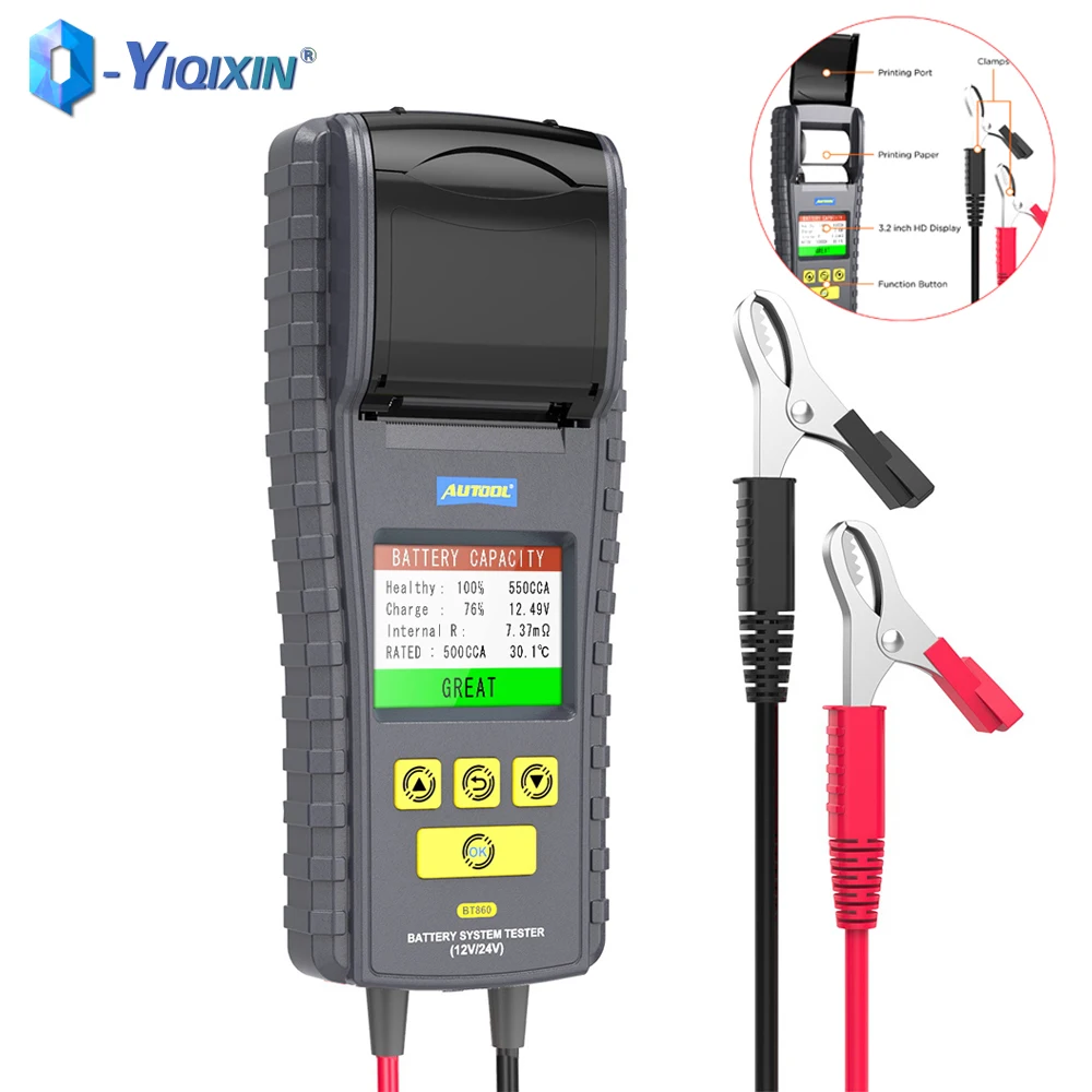 

For AUTOOL BT860 Auto Car Battery Tester 12V 24V With Printer Real Time Temperature Monitoring Cranking Charging Max Load Test