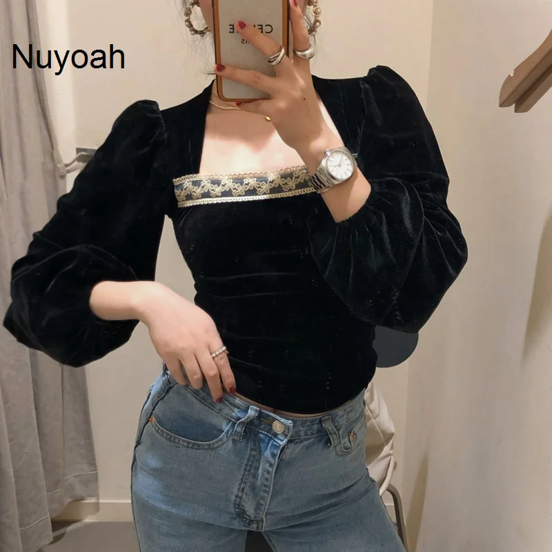 

Women Blouse Long Sleeve Neck Top Women's Design Sense New French Black Velvet Shirt Nuyoah