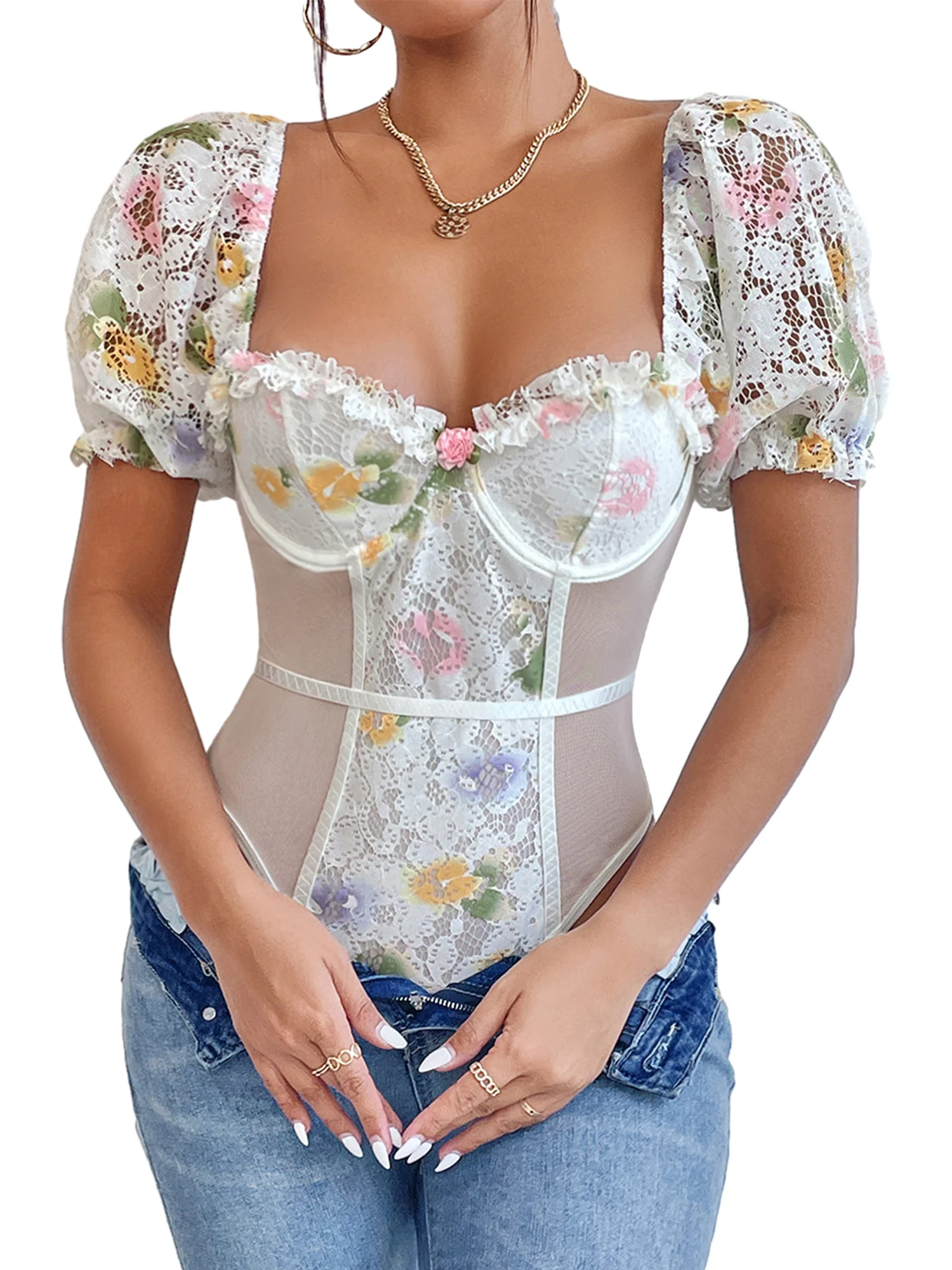 

Women s Sheer Lace Bodysuit with Short Puff Sleeves Mesh Patchwork Floral Print and Corset Detailing - Stylish Leotard