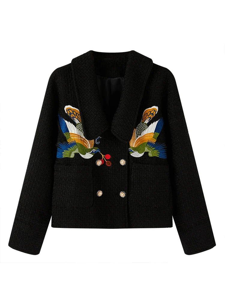 

Vintage Fashion Design Black Lace-up Embroidery Breasted Woolen Coat Women Elegant Loose Outerwear 2022 Korean Trendy Clothes