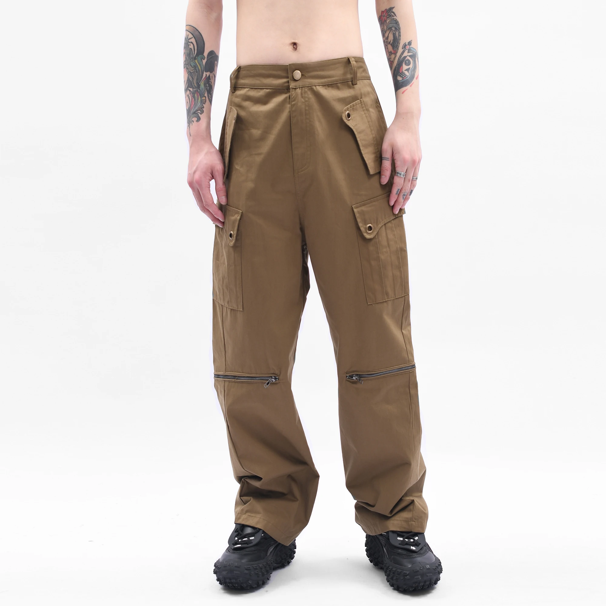 

Оригинальные Индивидуальные брюки-карго на молнии с большими карманами в стиле ретро для мужчин и женщин, повседневные Прямые брюки в стиле High Street