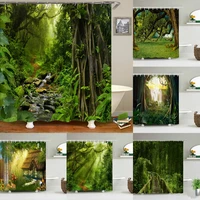 green primeval forest jungle shower curtains bathroom curtain waterproof fabric trees plant cloth bathtub screen set with hooks