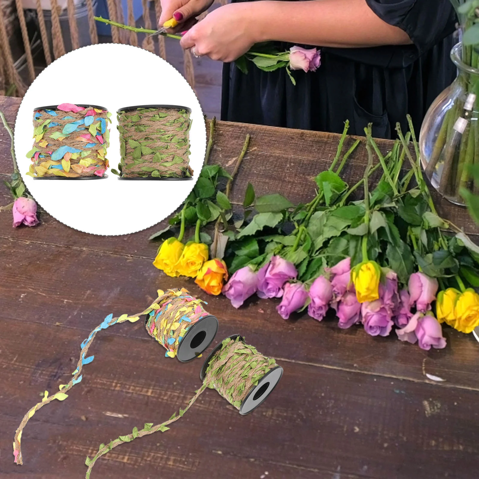 2-рулонная натуральная имитация веревки и ленты из ротанга для цветочного букета