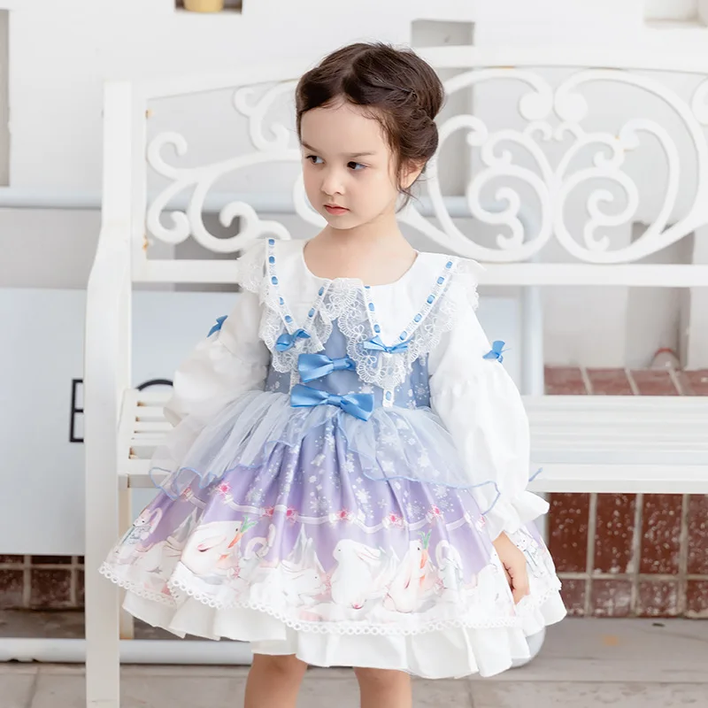 

Spanish Style Lolita Dress For Girls Spring Autumn Long Sleeve Mesh Ball Gowns Lovely Children Kids Casual Dresses Clothes