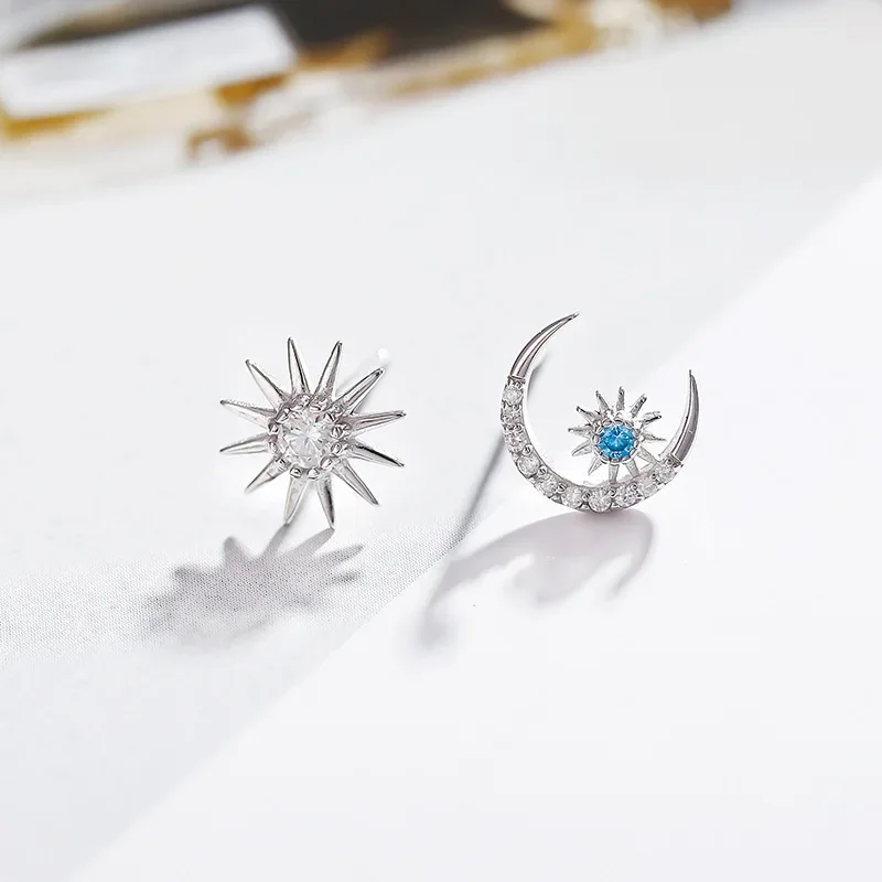 Серьги из серебра 925 пробы женские креативные маленькие серьги со звездой и луной