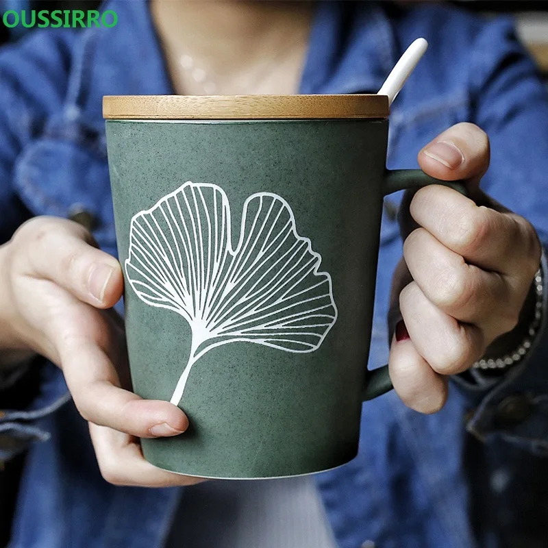 

350/520ml Leaf Pattern Ceramic Coffee Mug With Lid Spoon Large Capacity Frosted Water Cup Office Coffee Tea Cup Kitchen Utensils
