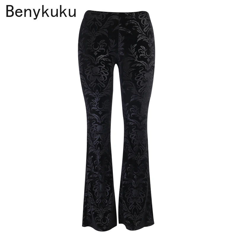 

2022 Retro Gothic Print Black Pants Goth Harajuku High Waist Flared Pants Gothic Aesthetic Punk High Waist Women Trousers