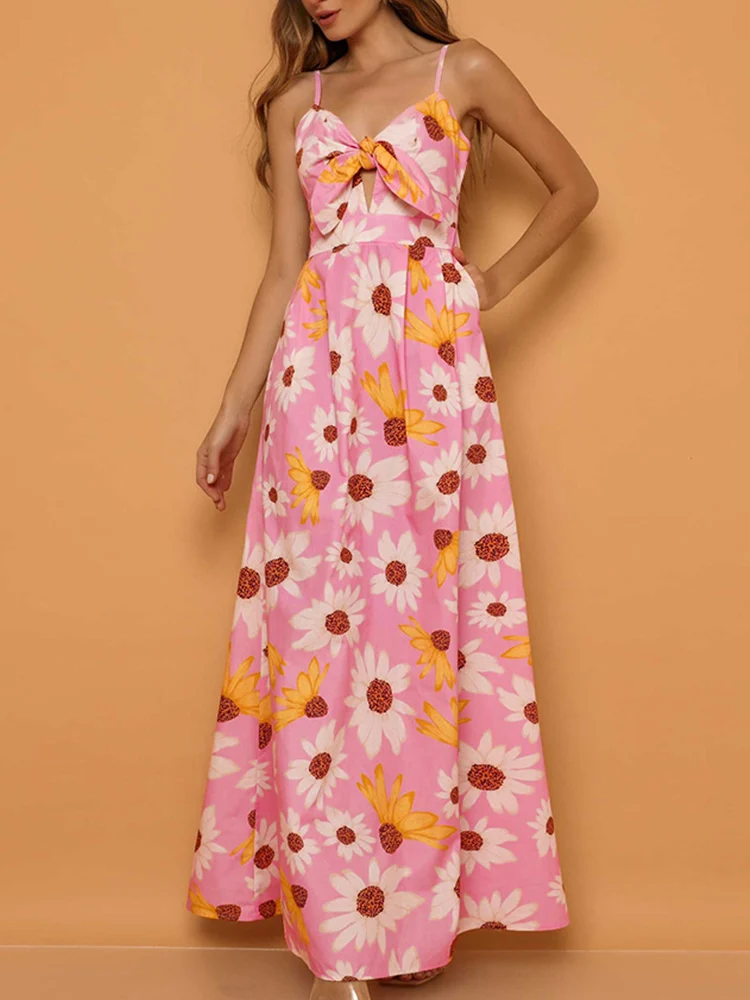 

Sexy Sling Backless Hollow Beach Dress Women Fashion Floral Printed V Neck Lace-up Long Dress Ladies Summer Off Shoulder Dresses