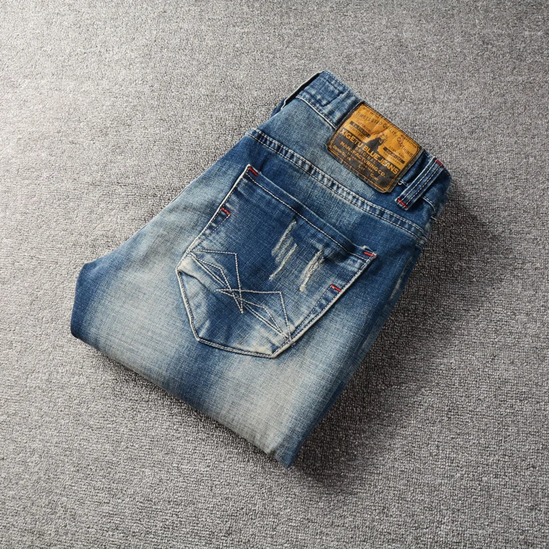 Fashion Streetwear Men Jeans Retro Blue Embroidery Designer Elastic Slim Fit Ripped Jeans Men Patched Vintage Denim Pants Hombre