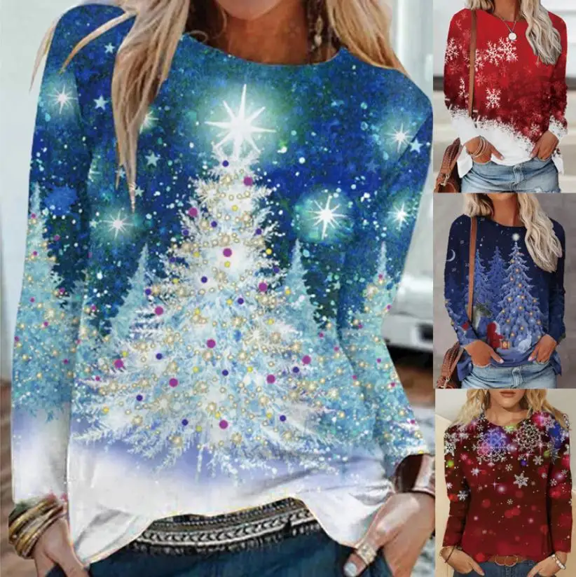 

Gradient Printed Long Sleeve Fresh and Sweet Round Neck Loose Mid-Length T-Shirt