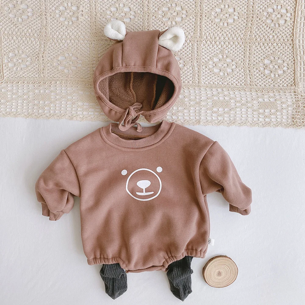 Free Hat 0-2 Year Old Baby Fleece Bear Romper Late Autumn Toddler Cartoon Triangle Romper  Kids Baby Girls Boys Jumpsuits 0-2Y