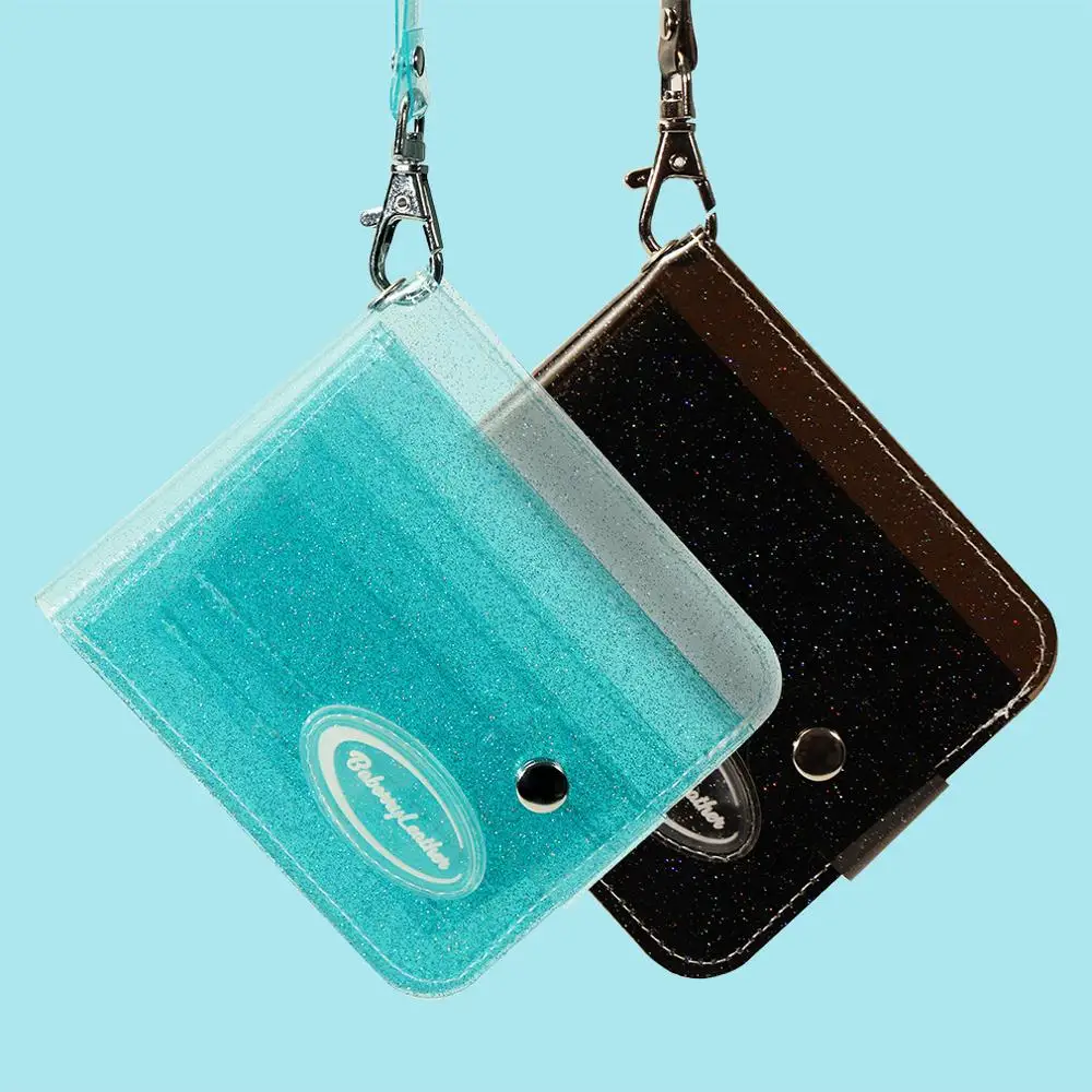 

Cute Small Bag Transparent ID Card Holder PVC Folding Short Wallet Fashion Women Girl Glitter Cards Case Purse with Lanyard Sum
