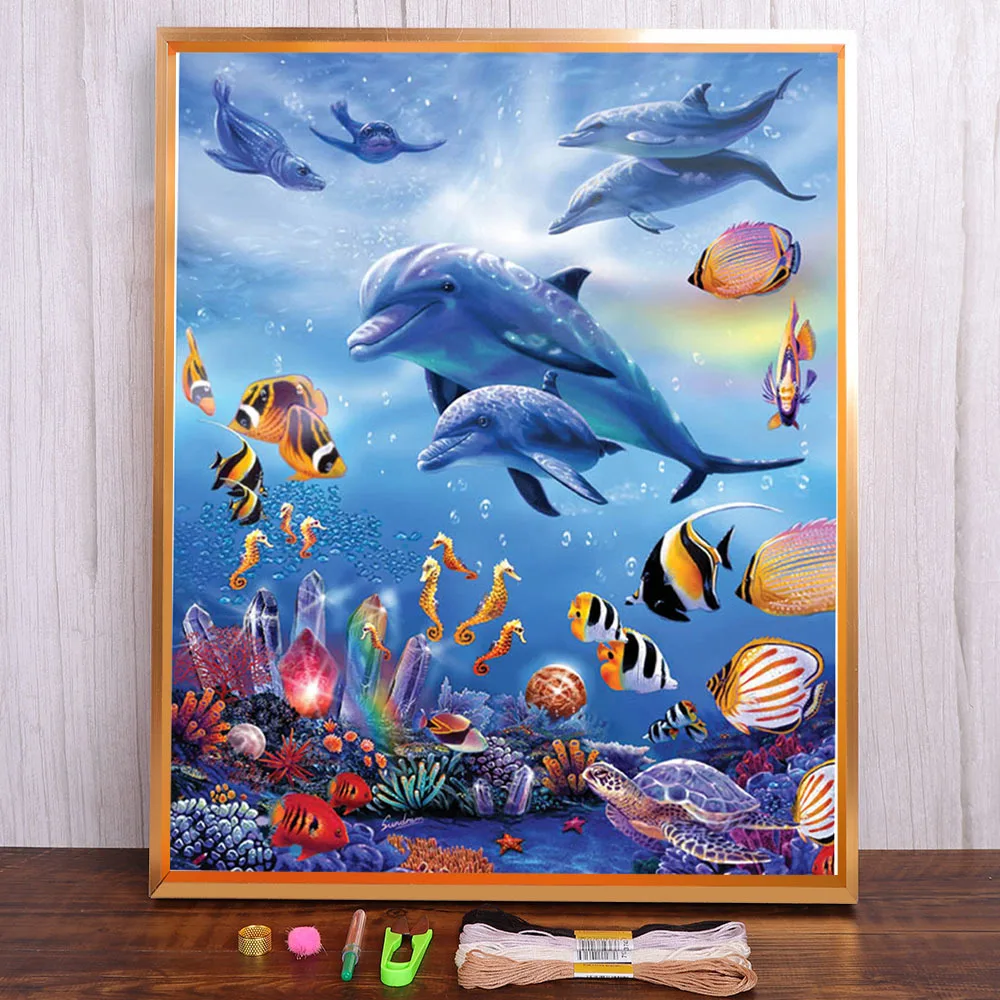 

Dolphin Animal Printed 11CT Cross-Stitch DIY Embroidery Full Kit DMC Threads Painting Knitting Sewing Handmade Floss Decor